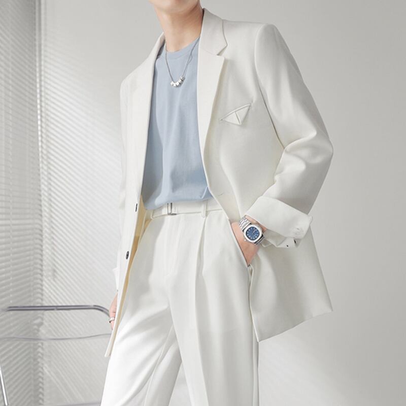 韓国風 メンズ デザインツイードジャケットホワイト ツイードジャケット ノーカラー メンズ アウター 韓国デザイン 4