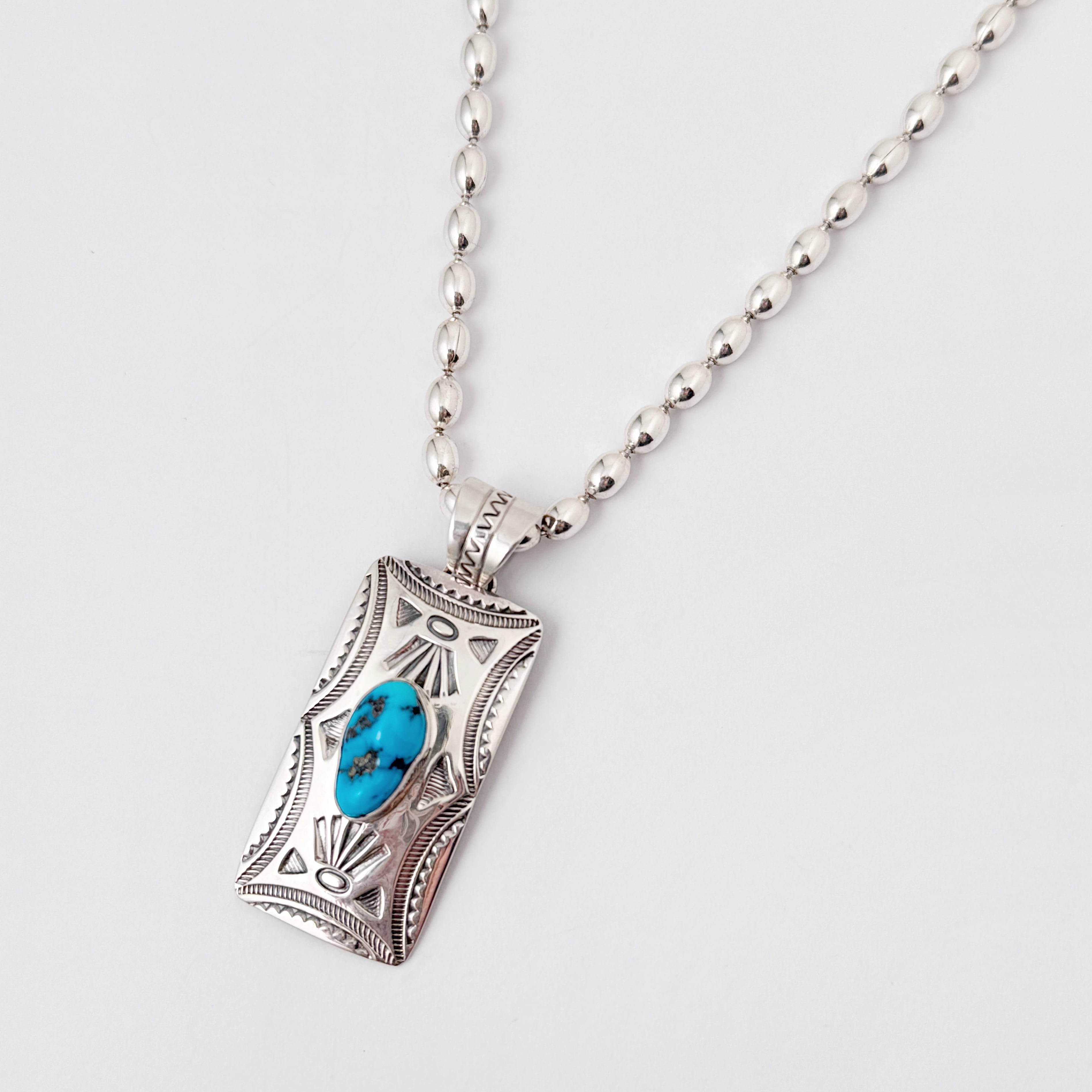 《Indian Jewelry 》レクタングル KINGMAN ターコイズ ペンダント ネックレス( チェーン オプション )一点物