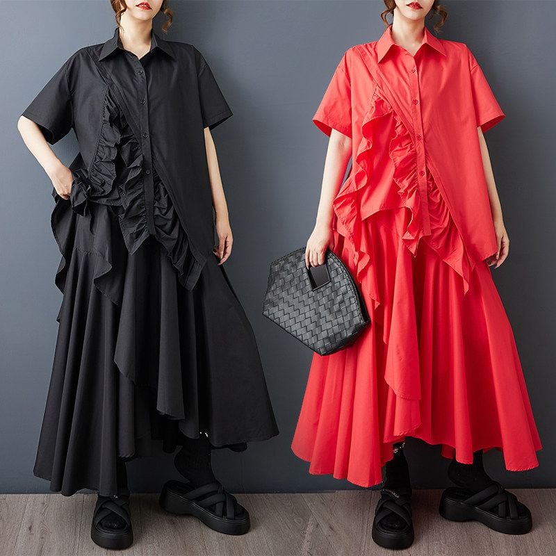 ASYMMETRIC RUFFLED SHIRT AND MIDI SKIRT SETUP M-17156