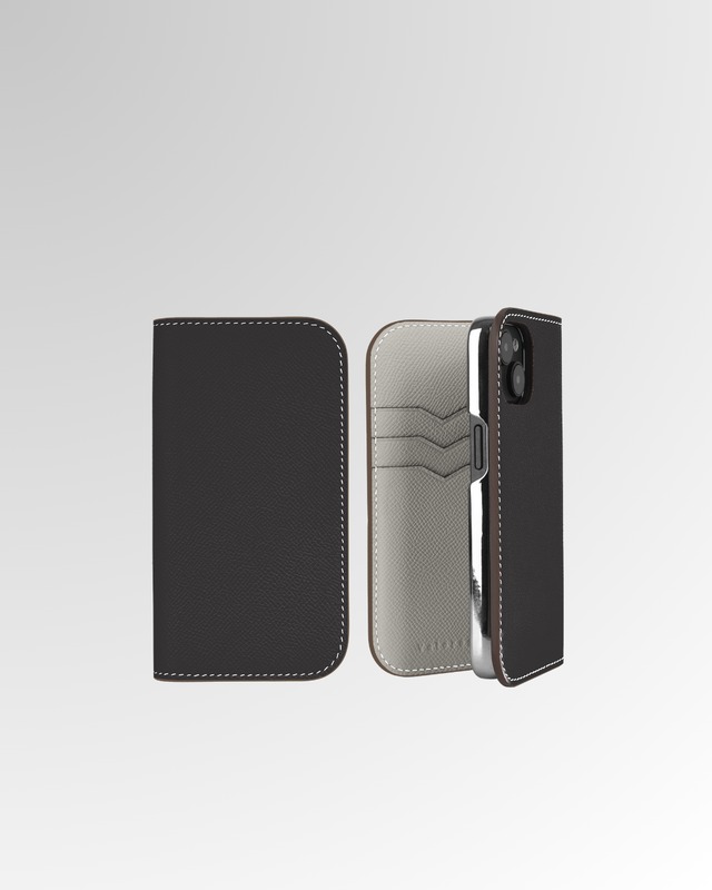 【iPhone15シリーズ】手帳型ケース　エプソン　グレー×スモークグレー