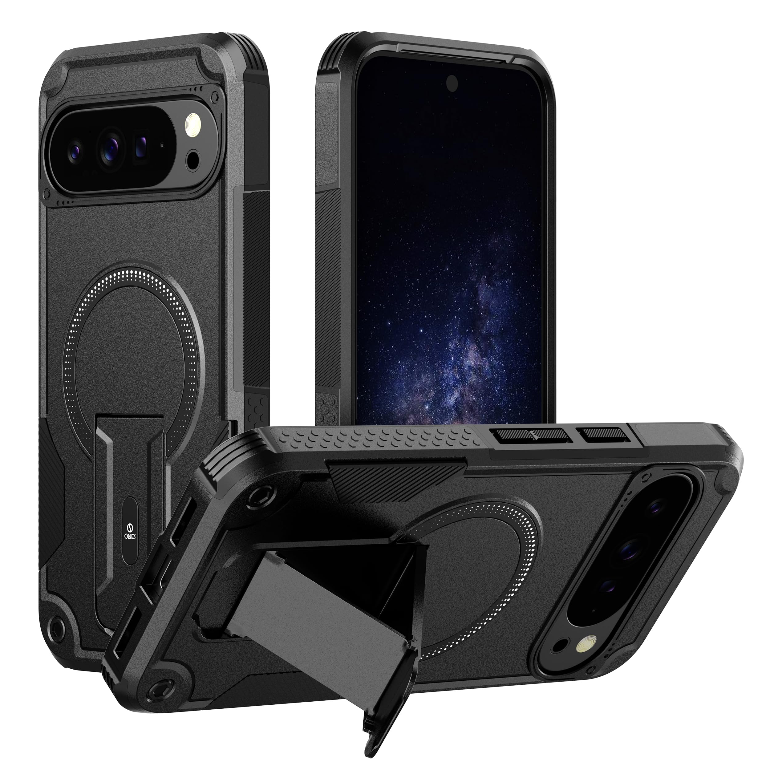 ONES Pixel 10 Pro XL 用 ケース カバー 6.8インチ MIL規格 防摔 ソフト・ハード二重保護 四隅エアバッグ 内蔵折りたたみスタンドリング MagSafe対応 車載磁気吸着 レンズ・画面浮き縁防刮 マット滑り止め ミリタリー鎧 ケース