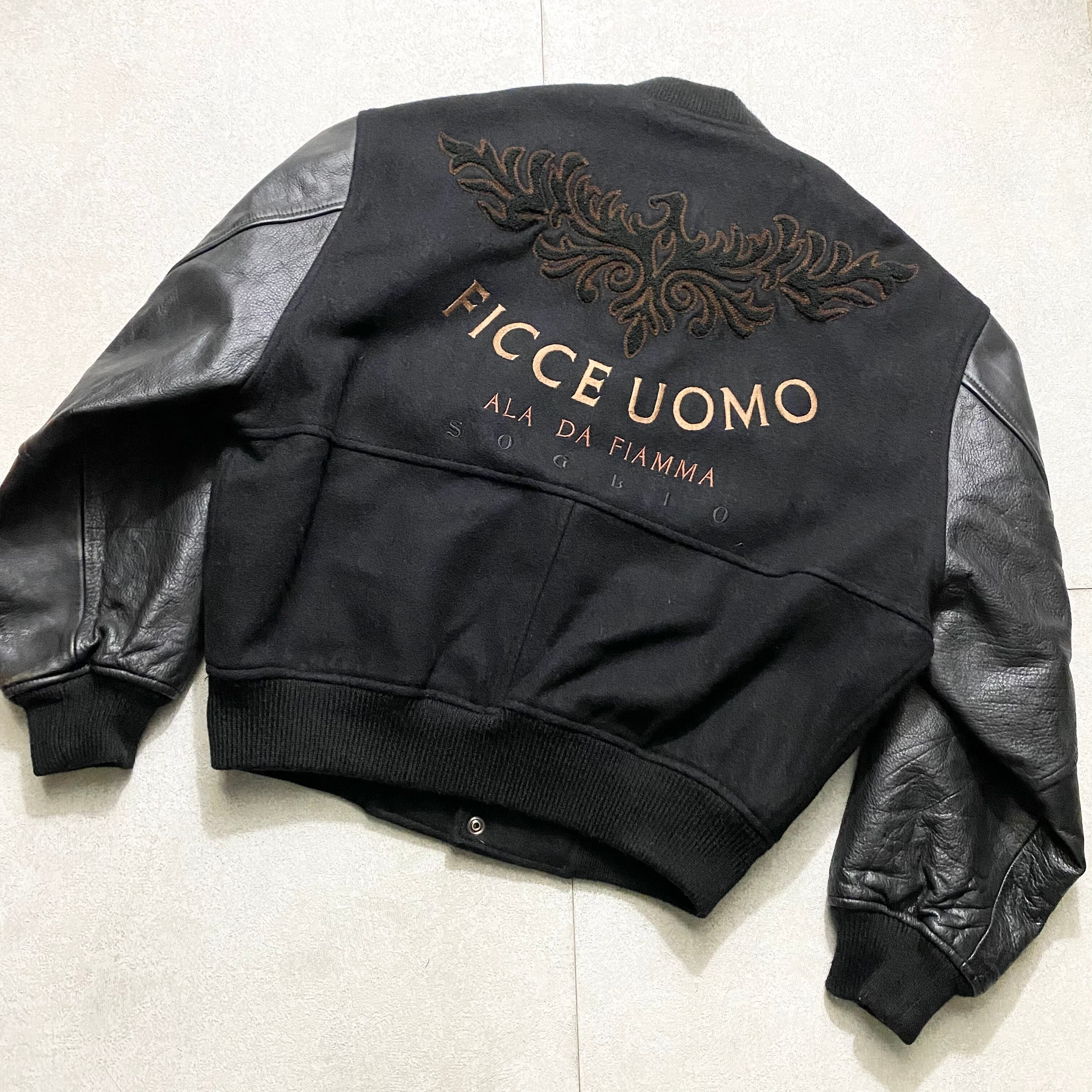 FICCE back logo embroidery leather switching all black blouson 