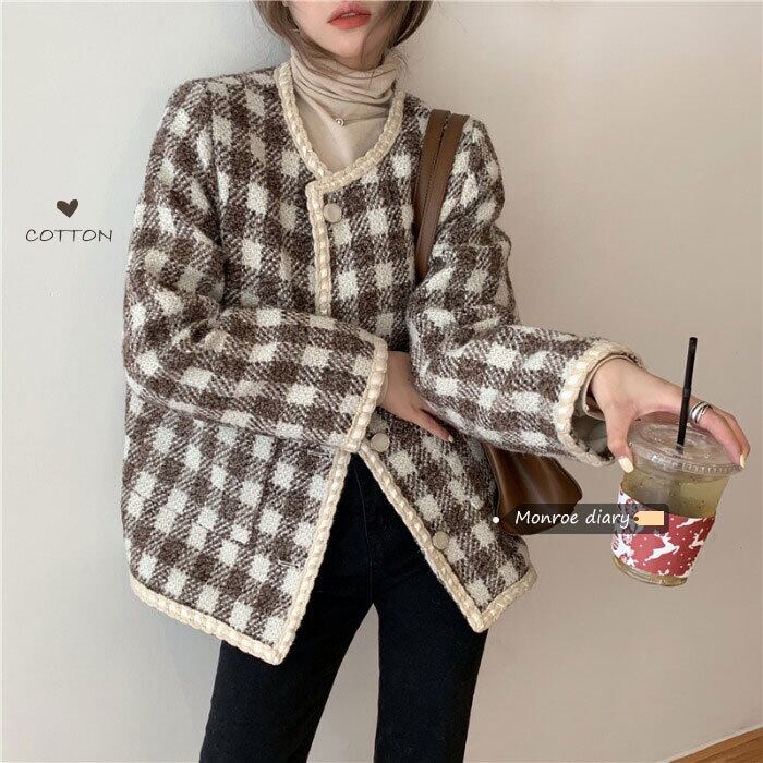 ルーズ格子柄ジャケット スプリングベルベットショート ロング 春物 モンロー80593622408