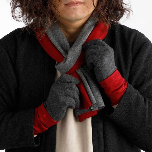 【お得セット】バーガンディー × 杢グレーコーデ（メンズ3点セット）　ロングマフラーと手袋にリストマフラーをプラス