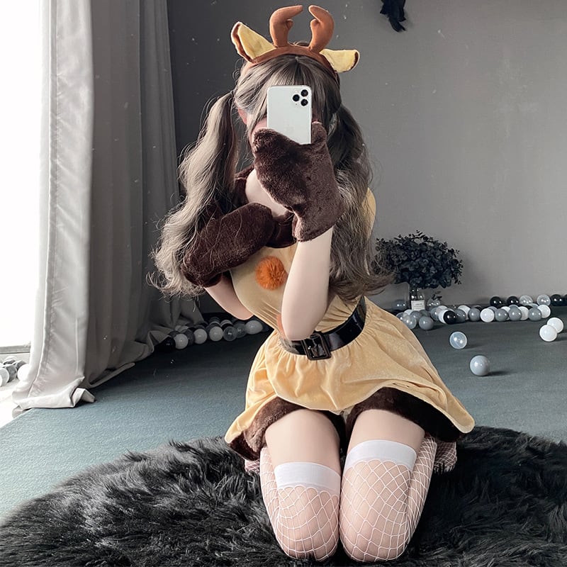 【サンタコスプレ】もこもこトナカイワンピコスチューム|ベルベット調×耳付きカチューシャ&ミトンセット