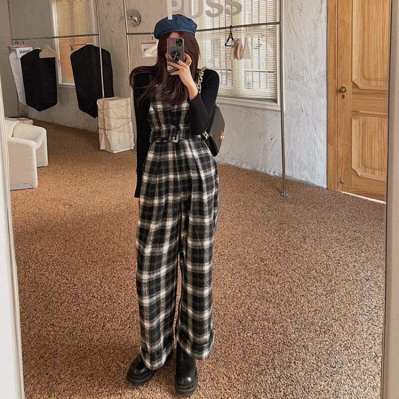 格子柄ジャンプスーツ オールインワン ハイウェストウェストルーズスプリングパンツ 春物 ブラックストロベリース22036463706