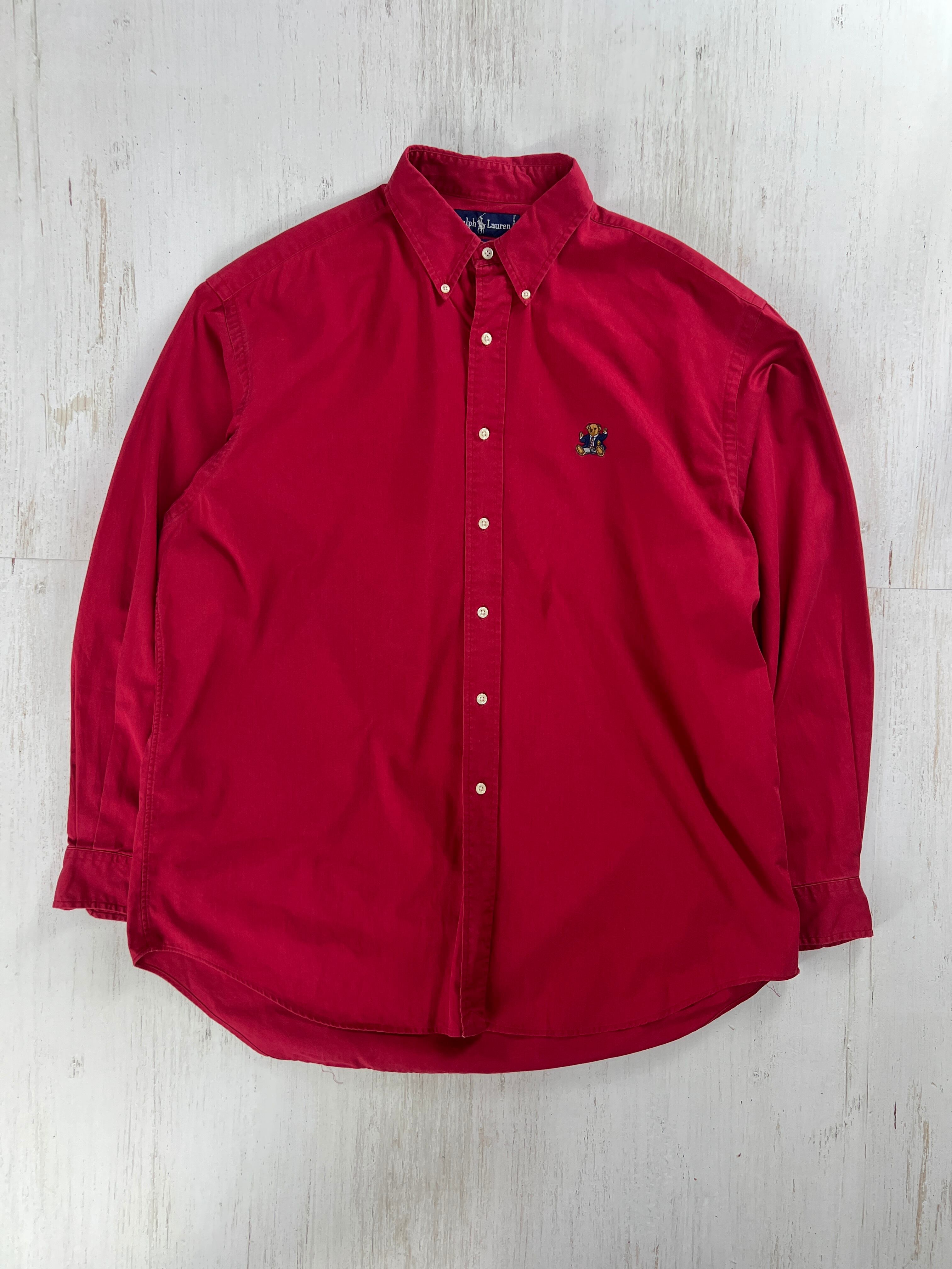 1990’s ラルフローレン ポロベア オックスフォードシャツ – レッド XL 綿100% #F973