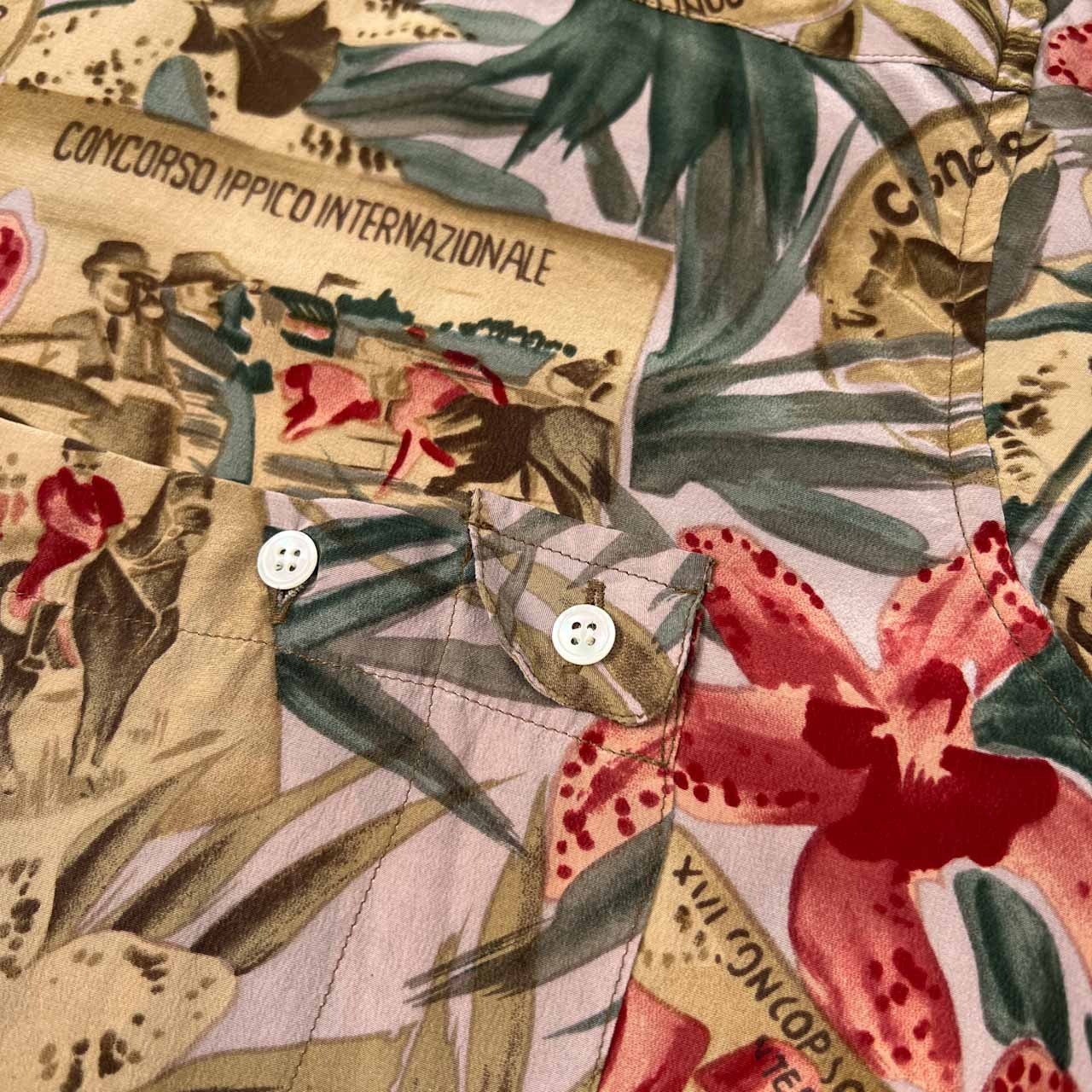 PAPAS パパス 花柄&ホース柄 総柄 シルク100% 半袖 アロハシャツ サイズ M /マルチ系/絹100%