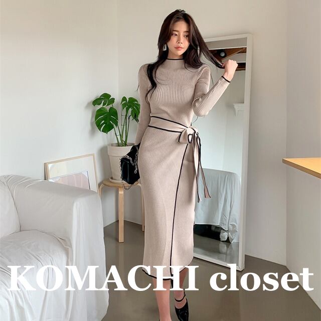 【送料無料】 ワンピース ニットワンピース ニット リブニット ミドル丈 ウエストリボン 長袖 ハイウエスト スリム 細身 韓国 レディース かわいい 可愛い キュート 大人可愛い 大人女子 シンプル きれいめ カジュアル 大人 気品 上品 おしゃれ お洒落 こなれ感 きちんと 大人女子 クール エレガント フェミニン ワンサイズ カーキ ブラック 秋 冬 オルチャン 20代 30代 40代 お呼ばれ パーティー 女子会 デート お泊まり 旅行 コーデ スタイル 美脚 脚長