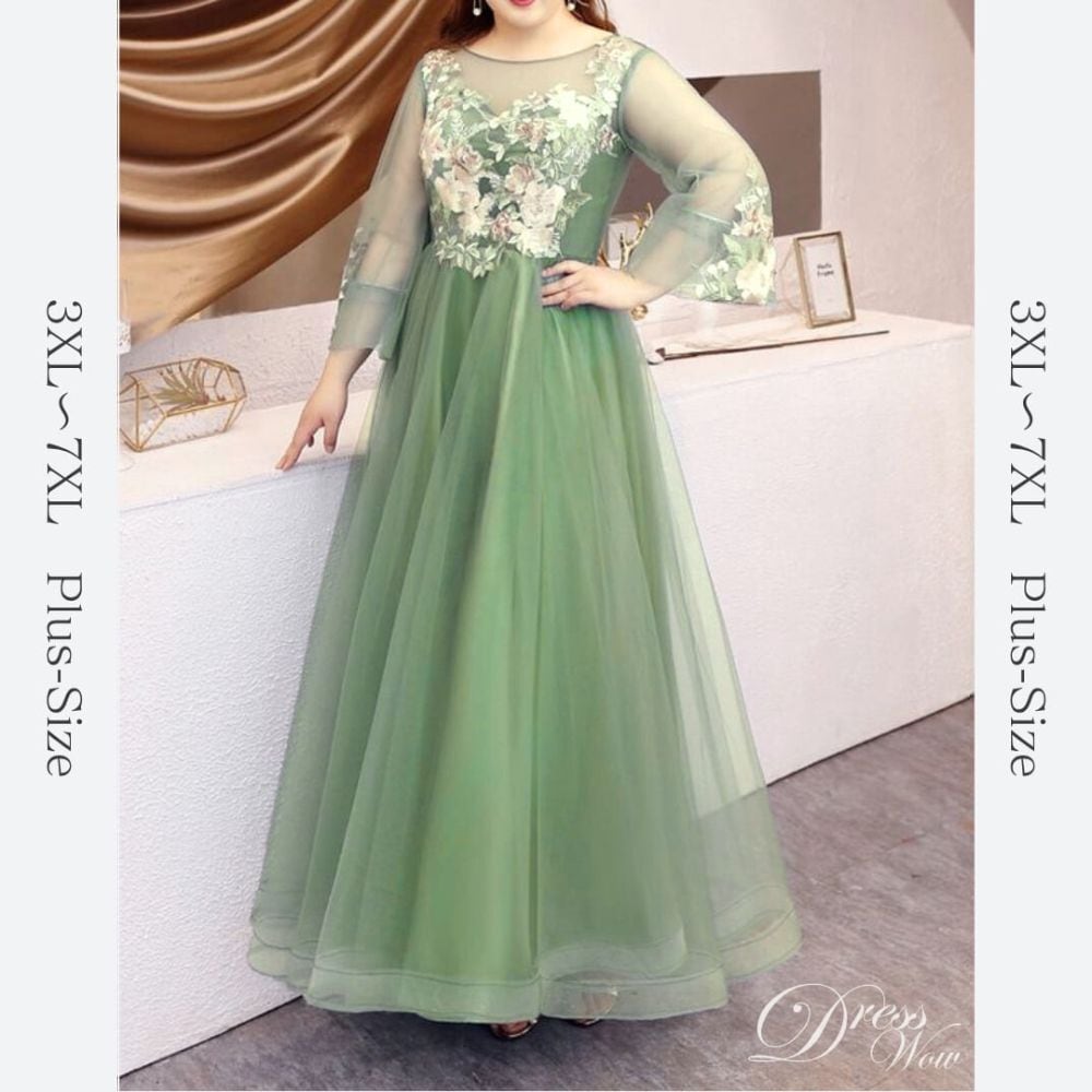 【3XL〜7XL】フラワー刺繍チュールドレス D1578