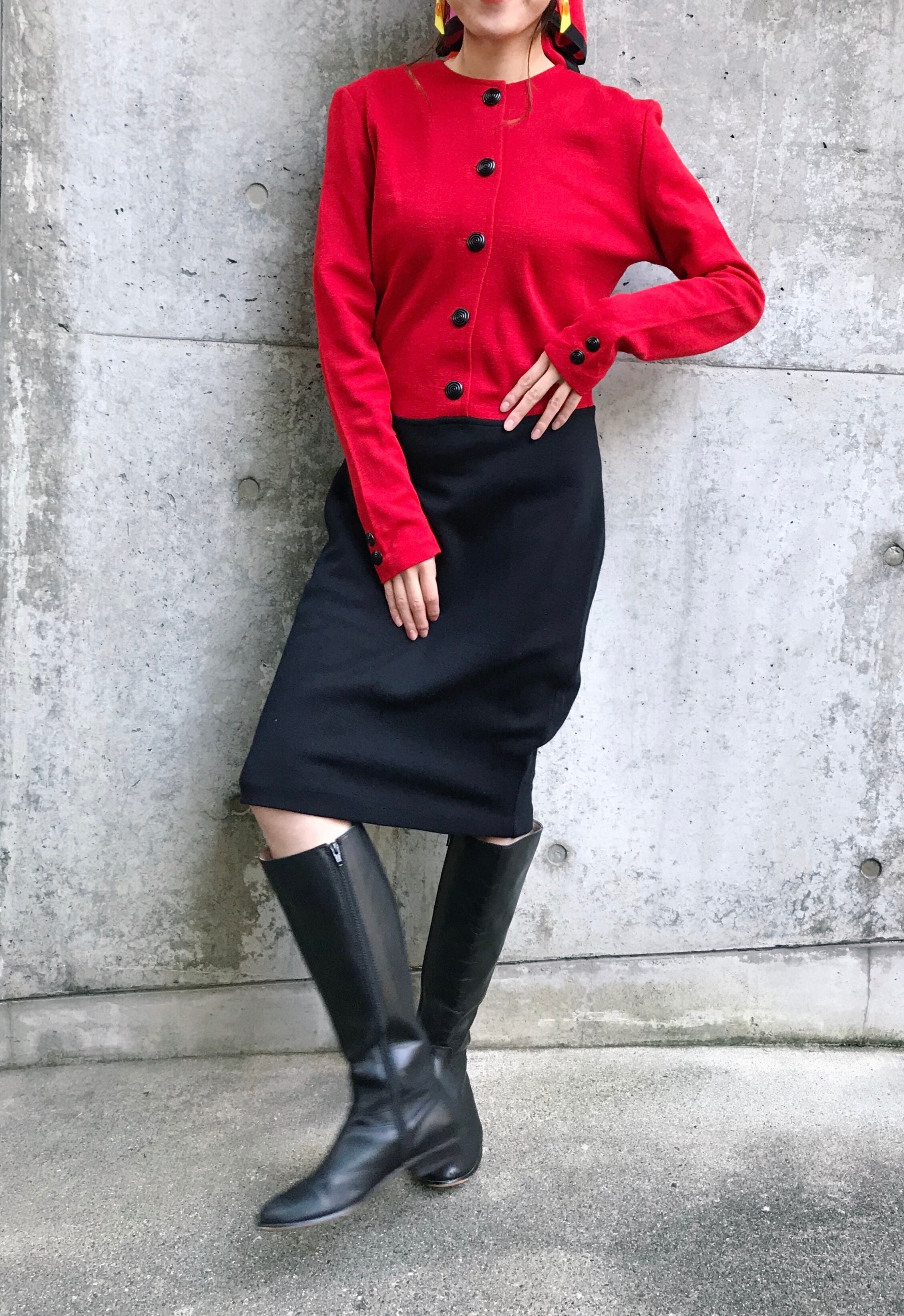 Vintage red × black bi-color knit dress (ヴィンテージ バイカラー  レッド × ブラック ニット ワンピース )