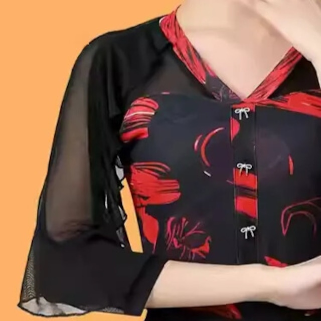 オープンカラー フリル Vネック ダンスブラウス (レオタード)ds1421