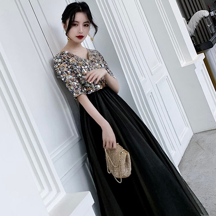 スパンコール ハーフスリーブ ロングドレス