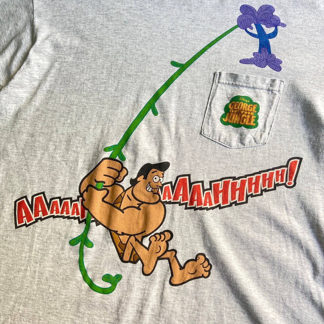 90年代 USA製 THE Disney STORE ディズニー GEORGE OF THE JUNGLE ジャングル・ジョージ  キャラクタープリントTシャツ メンズXL 古着 90s ヴィンテージ ビンテージ シングルステッチ ポケT 両面プリント バックプリント ムービー  映画 ライトグレー