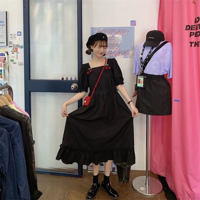 送料無料 ワンピース ミモレ丈 ドレス 花柄 半袖 さくらんぼ チェリー スクエアネック バイカラー レトロ ガーリー フレア ウエストマーク Aライン ミモレ丈 ワンピ レディース おしゃれ 総柄 春 スプリング ピンク きれいめ モテコーデ モテる デート キュート かわいい