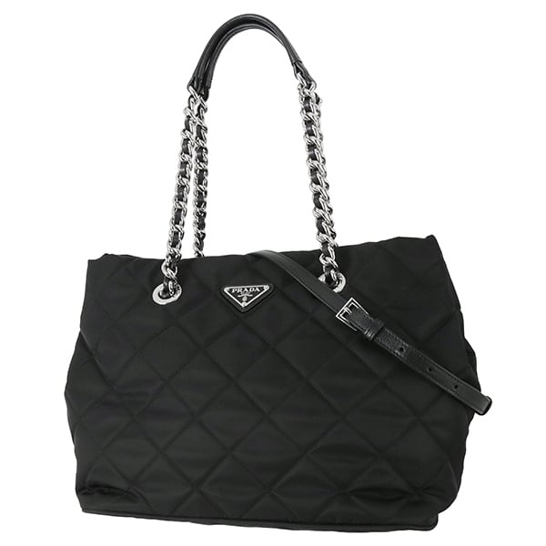 Used PRADA プラダ 2WAYチェーントートバッグ ショルダーバッグ テスートインプントゥ キルティング ナイロン ブラック 1BG740 超美品