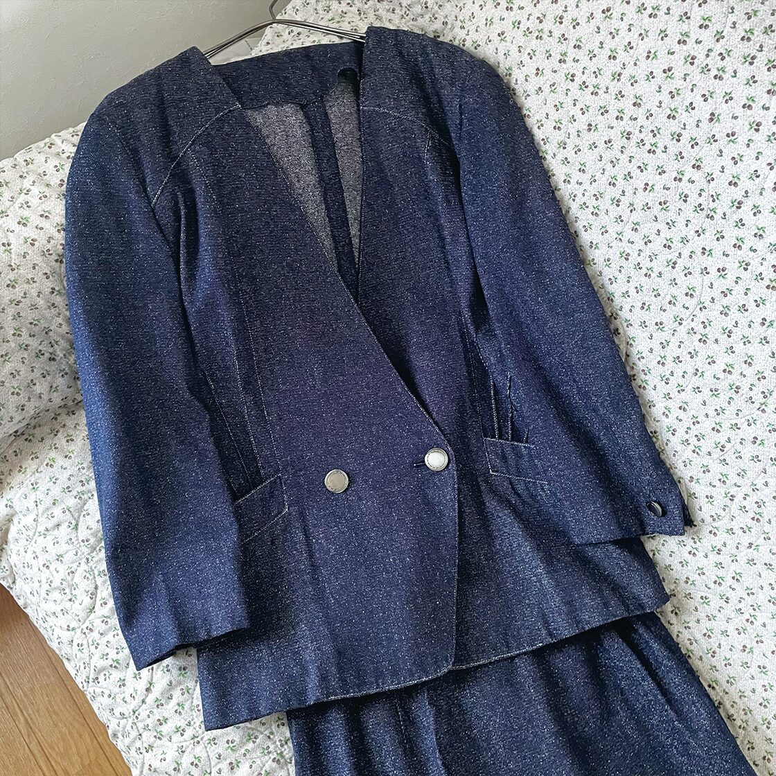 80s シルクデニム セットアップ ジャケット ロングスカート 昭和レトロ 