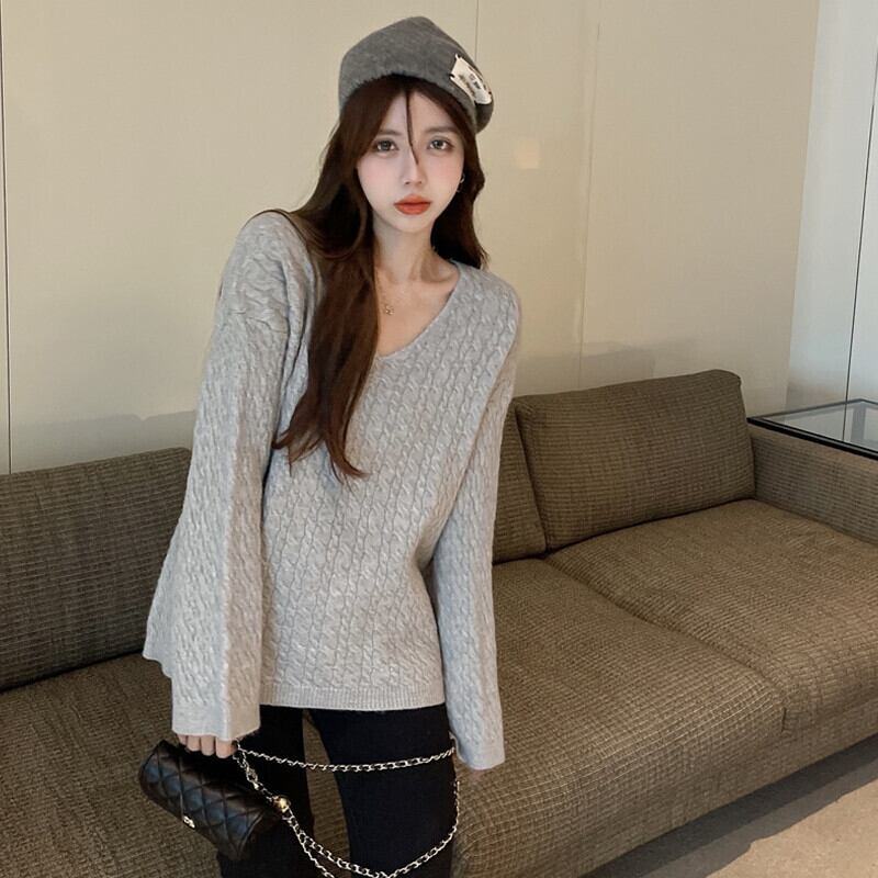 ルーズVネックプルオーバー ニットセーター レディースオータムウィンタースタイルスタンダードシャツ ロング レトロ 秋物 冬物 ガールズファッション71244170125