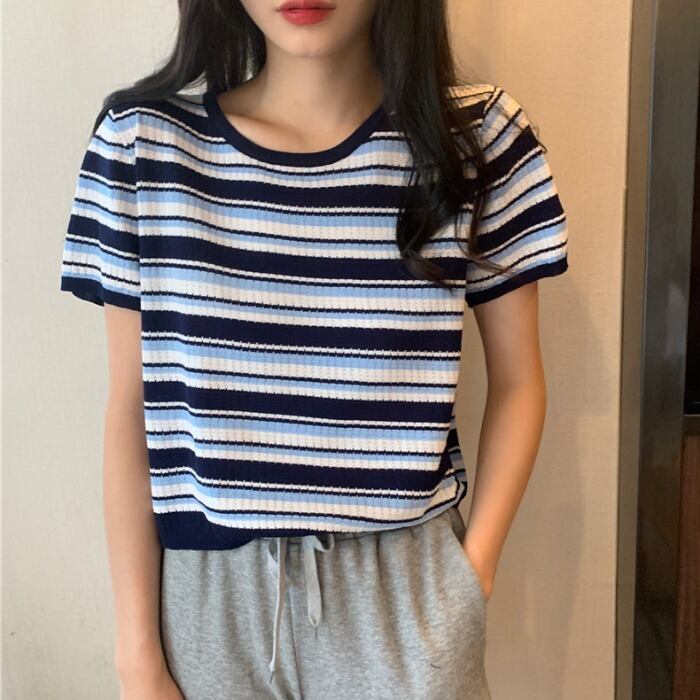 スタンダードストライプニットショートTシャツ スプリングスタイルルーズトップス レトロ 春物 1号婦人78661565709