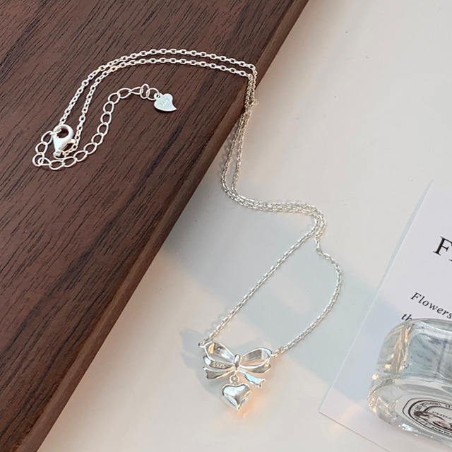 Weiwan925シルバー愛心&リボンネックレス 2s