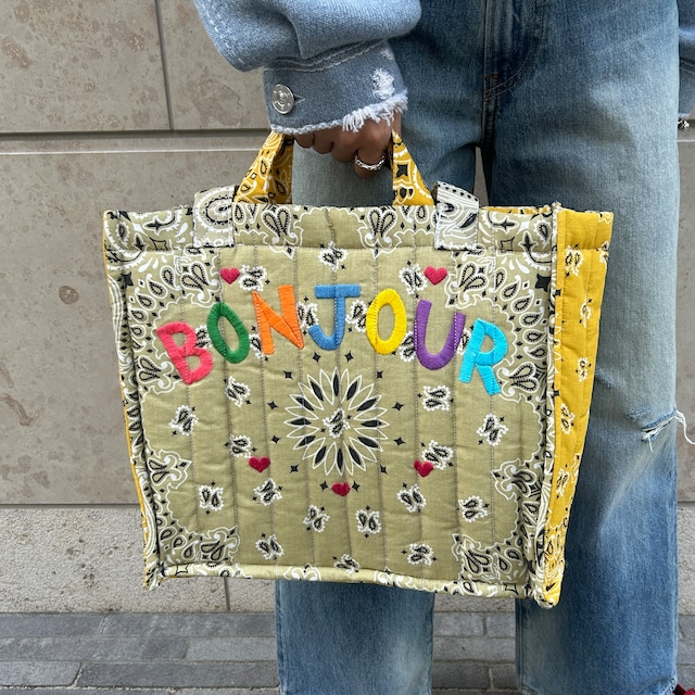 CALL IT BY YOUR NAME　Quilted Medium Cabas Tote BONJOUR　Beige/Mustard