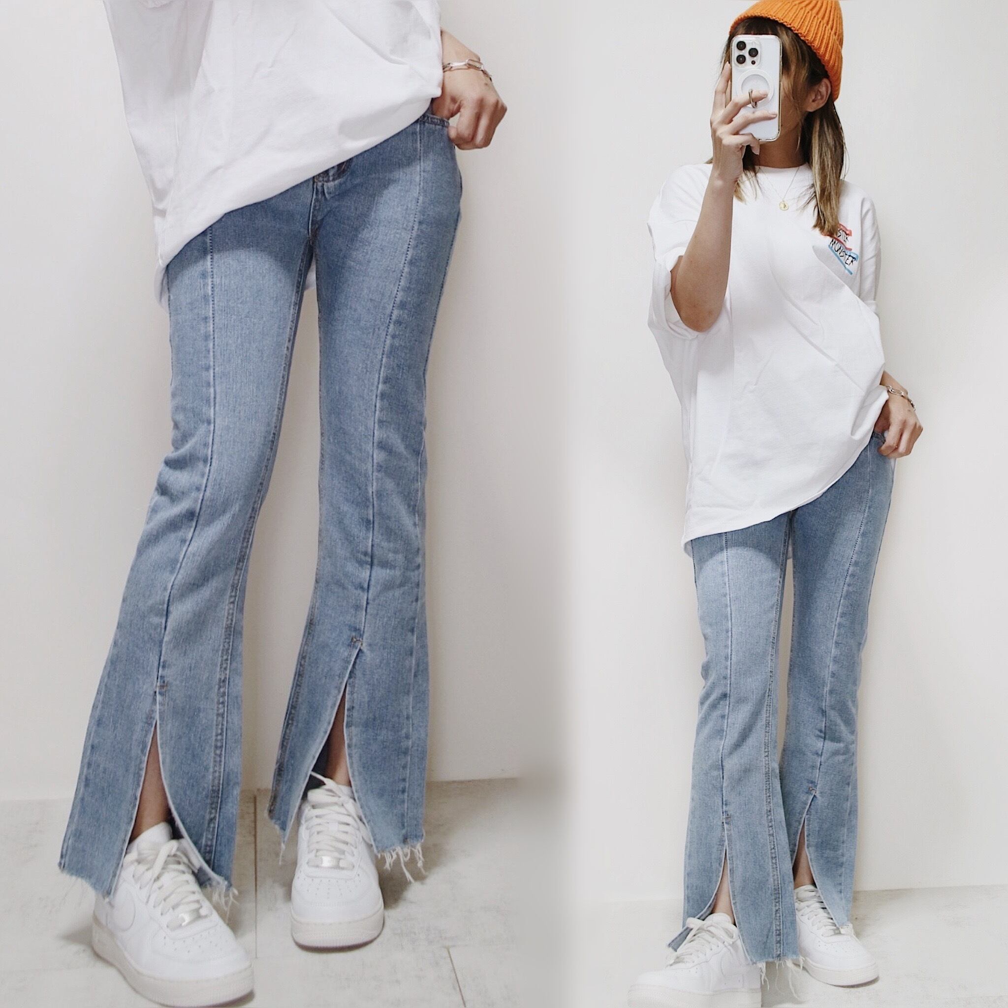 センタースリットフレアデニムパンツ