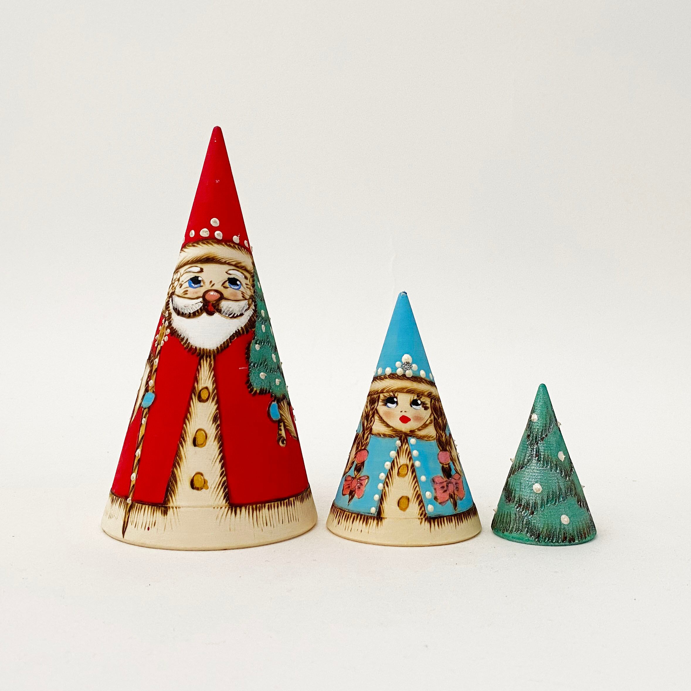 サンタ/ジェドマロースと孫娘 焼ごて円錐マトリョーシカ(3個組)