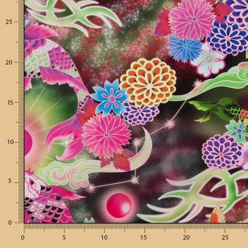 サテン生地 / サイケデリック 鯉 / マルチカラー | 胡桃227 - 輸入