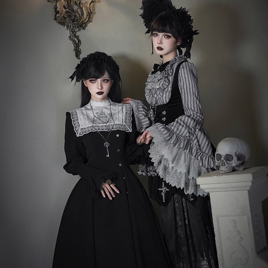 ゴスロリ ワンピース 黒 白 付け襟 ロングドレス 鍵チャーム 4点