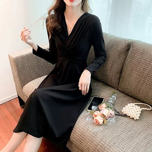 ワンピース カシュクール ミモレ丈 長袖 フレア シックカラー レディース 無地 体型カバー 春 新作 長袖 シンプル 清楚 カジュアル 大人スタイル 初秋 クロス Vネック 長袖 ロングドレス