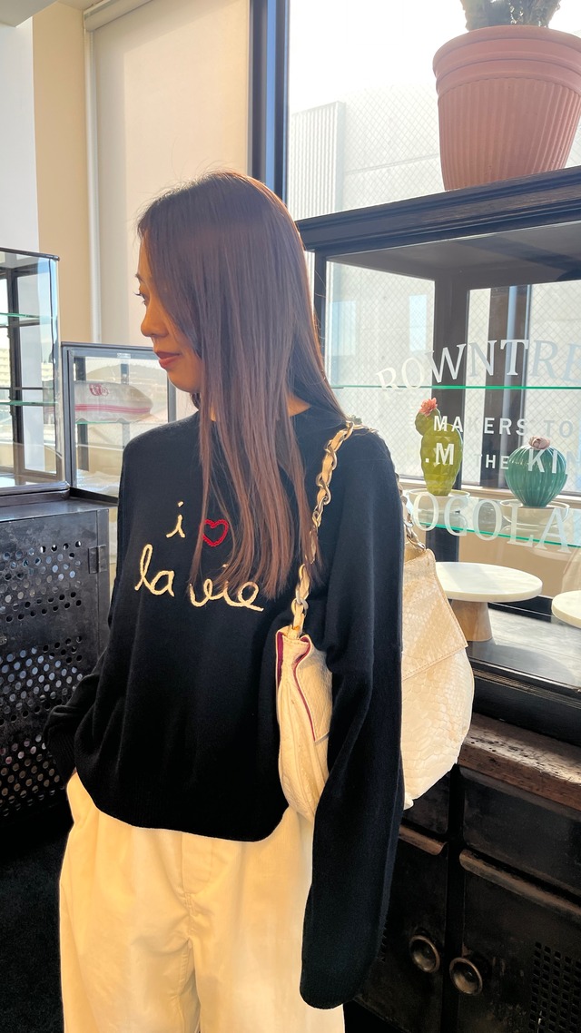 MAISON LABICHE -"Cashmere" buzelin i love la vie sweater- :BLACK,