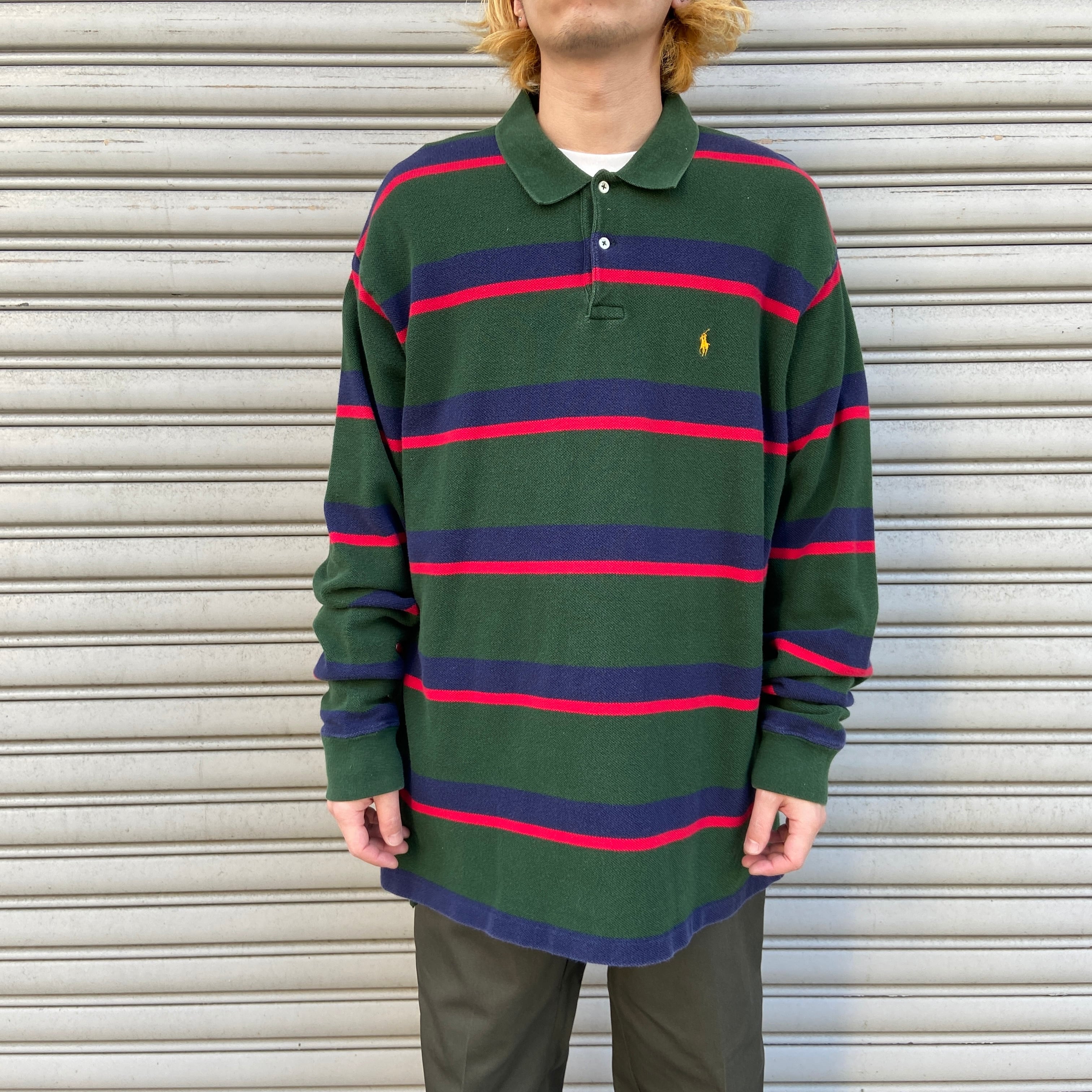 送料無料』90s Ralph Lauren マルチボーダー長袖ポロシャツ ラガー