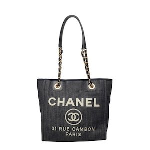 シャネル ココマーク ドーヴィルPM チェーン トートバッグ ショルダーバッグ ネイビー キャンバス レザー レディース CHANEL 【中古】