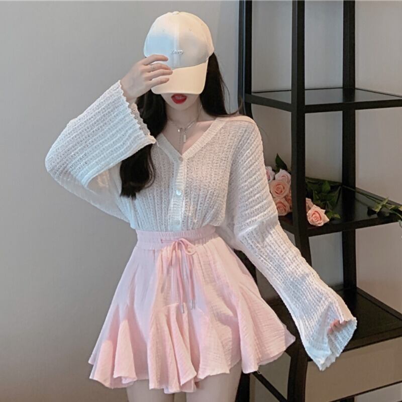 レディースオータムスタイル薄手ニットジャケット ハイウェストウェストプリーツスカート 秋物 YY-ファッション44679512950