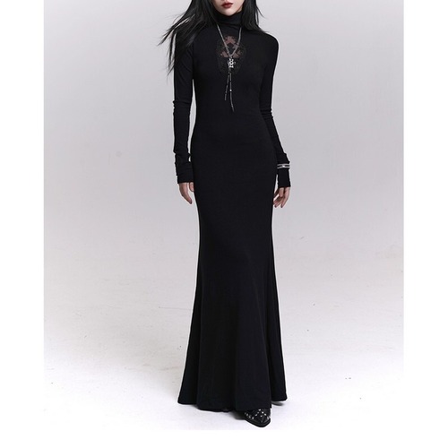 high neck lace long dress / l0047