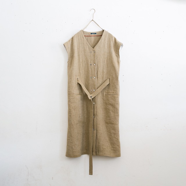 double-breasted dress／herringbone linen〈gray×ginger brown〉