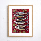 sardines｜可愛いイワシを並べたユニークなコンテンポラリーアートポスター｜キッチンやダイニングを彩る食アートインテリア｜北欧風モダンにも相性抜群A3ポスター