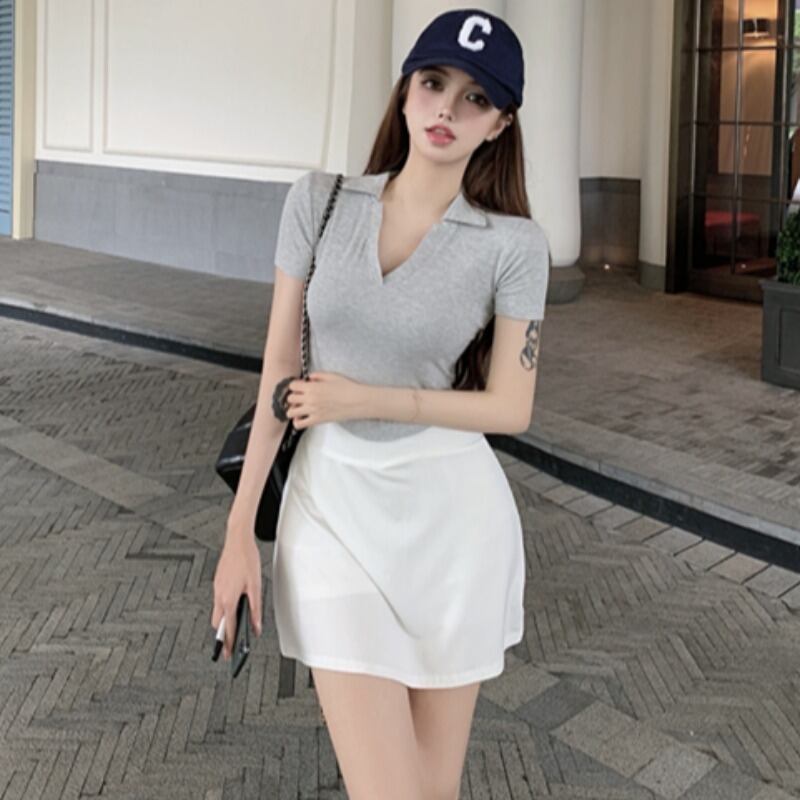 カラーTシャツ トップス ストレッチウェストスカート エラスティック 伸縮 ハンチェンe92699025555