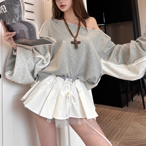 【2点セット】切替デザインオフショルルーズトレーナー＋フレアミニスカート ・73537