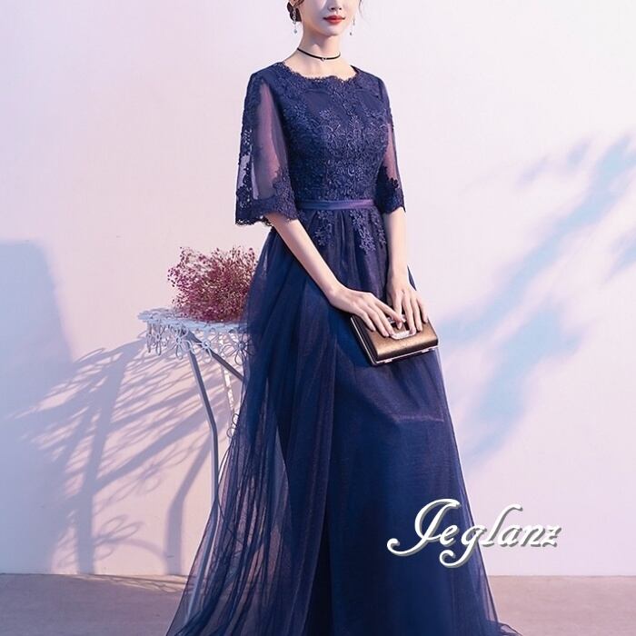 3色 パーティ イブニングドレス レース 刺繍 チュール スカート(M8908)ζ