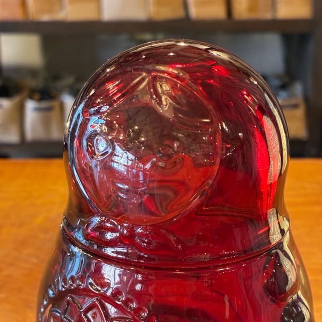 Matryoshka Jar 4 colors available: Red, Smoke, Orange, and Blue. Canister, candy container, glass jar.