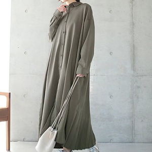 ワンピース シャツワンピース ロングシャツワンピース レディース シャツワンピ ロング マキシ 長袖 ボリューム袖 ドロップショルダー 袖あり 襟付き 角襟 プリーツ タック タックプリーツ かわいい 大人可愛い シンプル カジュアル おしゃれ こなれ感 ラフ ルーズ ベーシック ナチュラル 大人カジュアル 無地 春 秋 ママ 20代 30代 40代 お出かけ 休日 楽ちん 体型カバー 定番 M L ルーズフィット 黒 ブラック グレー ダークグレー カーキ アプリコット ベーシックカラー 大人カラー