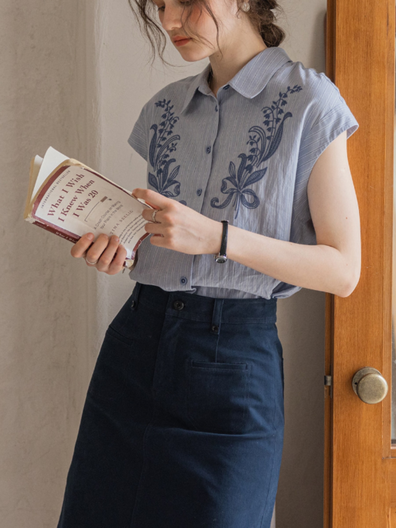 Muguet Embroidered French Sleeve Blouse F0733