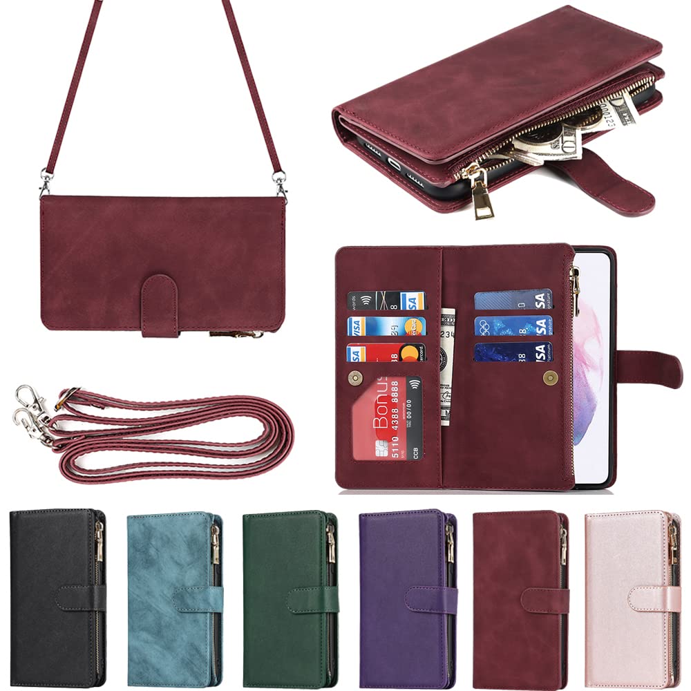 Eastwave サムスン ギャラクシー S21 5G ケース for Samsung Galaxy S21 5G 縄掛けケース 手帳型 財布型 ICカード コインポケット ストラップ付き カード 収納 小銭入れ ファスナーポケット付き PUレザー 6色 パープル