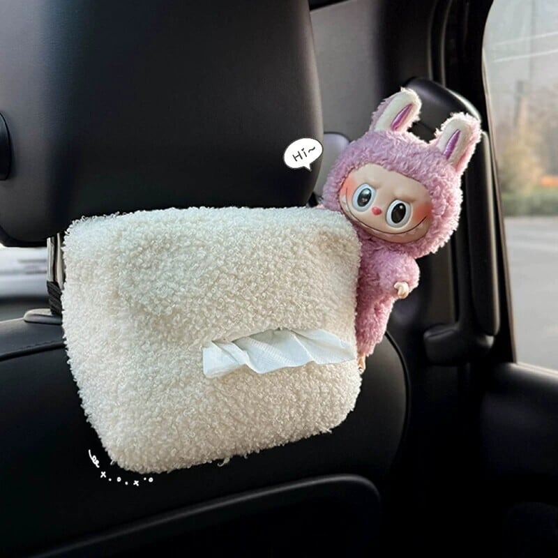 【実用的&かわいい】ラブブ ぬいぐるみ付き 車用ティッシュケース ヘッドレスト掛け 前後席対応 収納付き ふわふわ 癒し 彼女 友人へのギフト