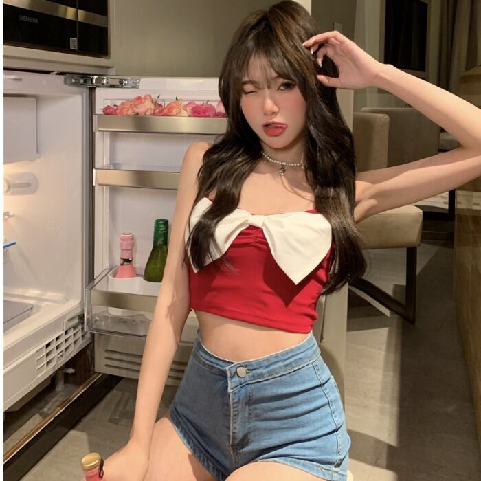 サマーカラーリボンレッドトップス ショートスタイルレディース 大人ガーリー スウィート キュート カジュアル 夏物 ドラファッションホール21380353189