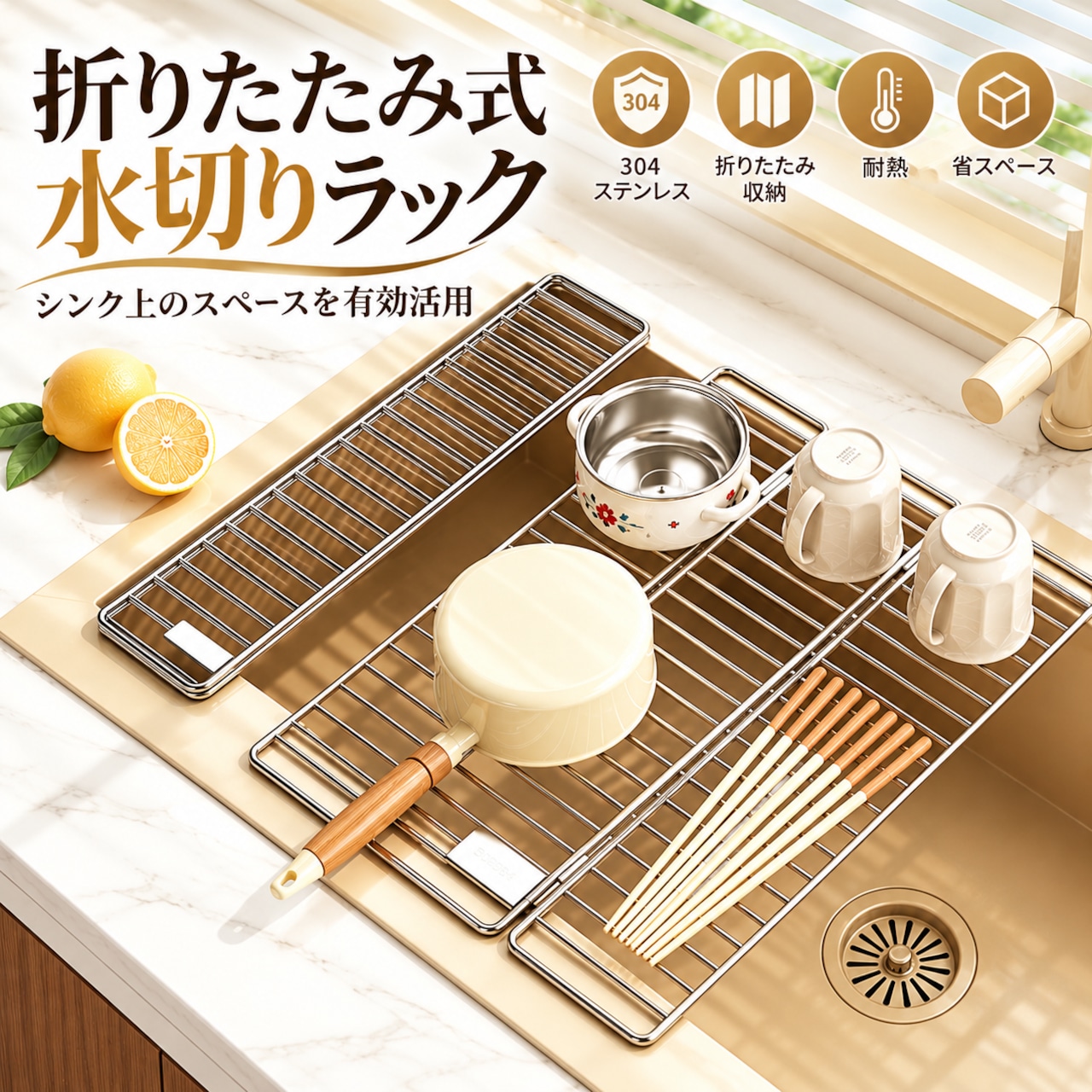H226.304ステンレス製 折りたたみ式水切りラック｜シンク上ラック・省