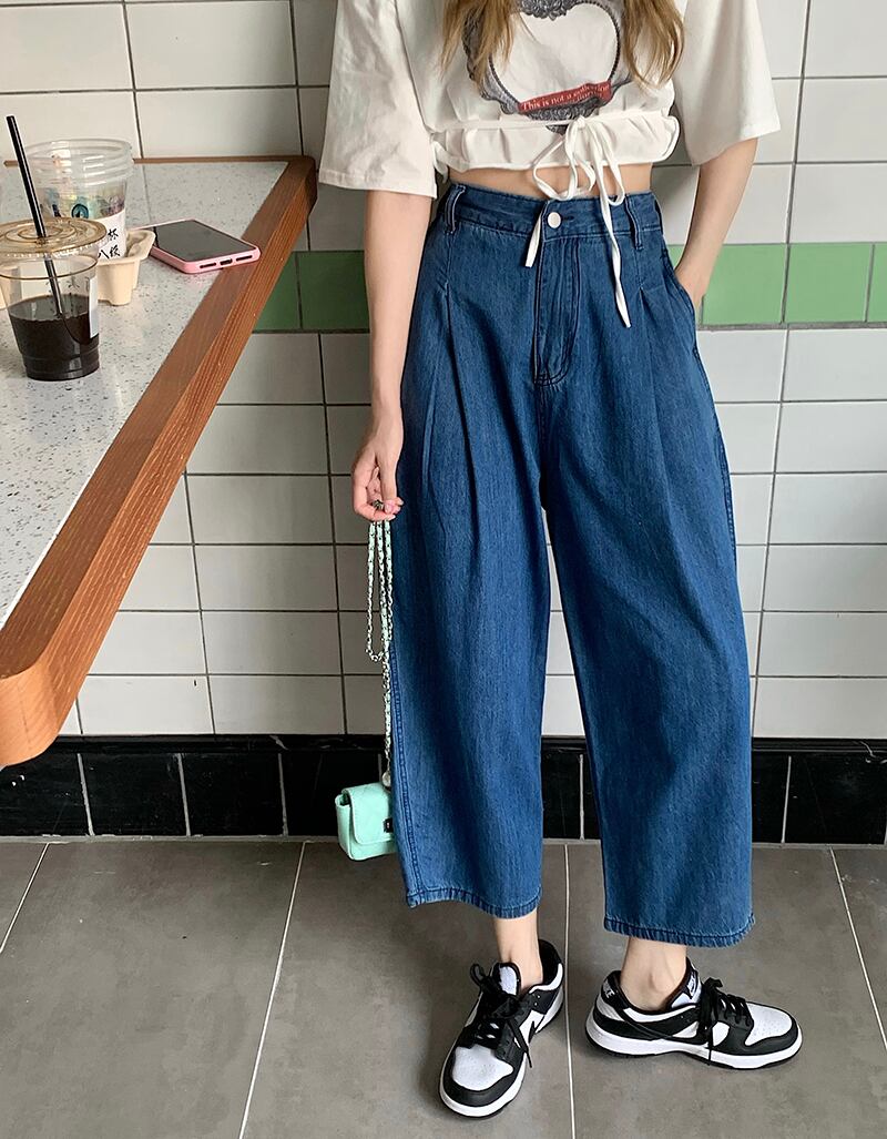 スタンダードスタイルジーンズ レディースサマー薄手ハイウェストウェストルーズパンツ レトロ 夏物 ブラックストロベリース8401657090