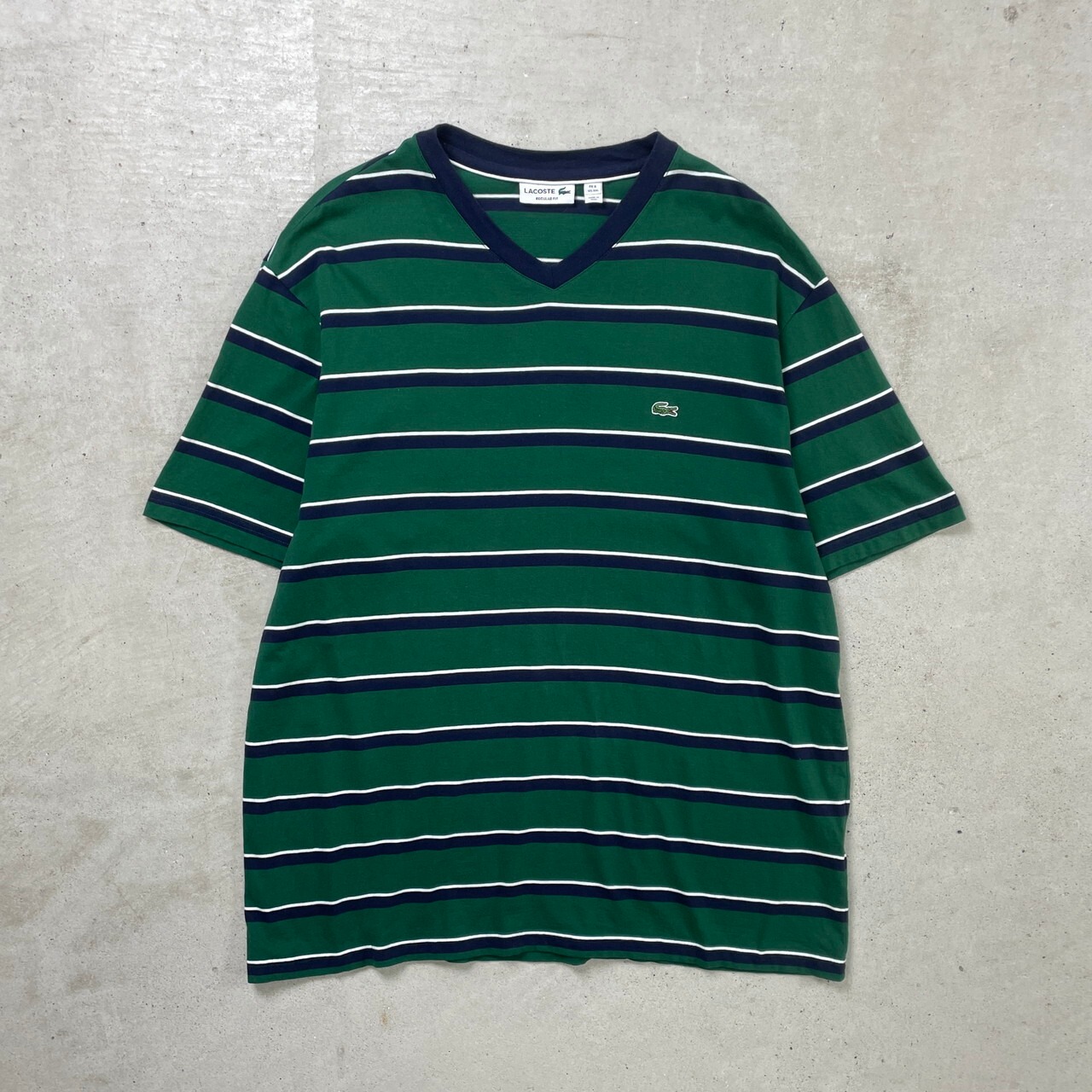 LACOSTE ラコステ Vネック ボーダー Tシャツ メンズ3XL 古着 緑色【T 