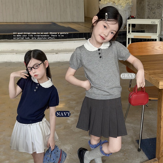 【KID】バイカラー襟付き半袖サマーニットトップス - 1
